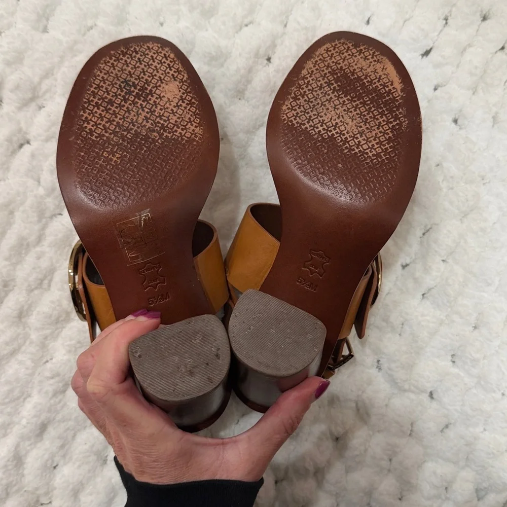 Tory Burch 5.5 Thames MONARK VACHETTA custom tan leather heeled sandals - Picture 6 of 15